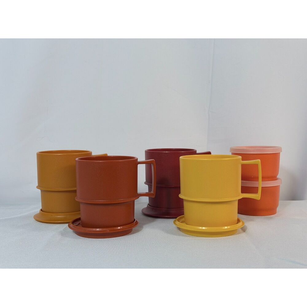 VTG 1970s Plastic Tupperware Stackable Mugs Harvest Colors with Coaster Lids Set